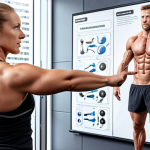 Photorealistic portrait of a highly professional German personal trainer in a modern, clean fitness studio, demonstrating a precise functional movement. The trainer exudes competence and deep physiological understanding. Subtle elements like a whiteboard with complex anatomy diagrams or a certification scroll hint at continuous education and specialization. Bright, dynamic lighting, high detail, sharp focus on the trainer's expert expression.