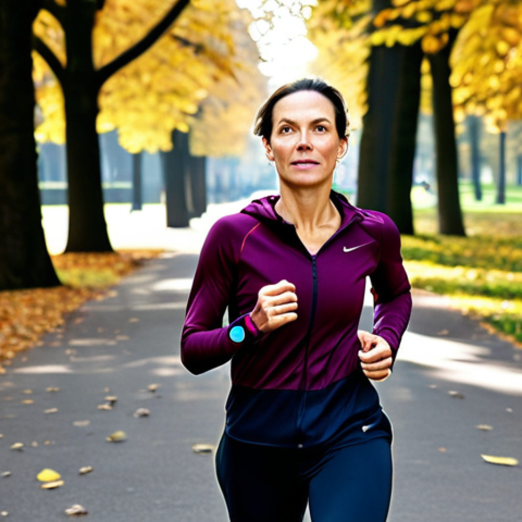 **

"A determined woman in her late 30s, fully clothed in stylish athletic wear, jogging through a scenic park in Berlin on a sunny morning, leaves are changing color, fall atmosphere, focused expression, wearing a fitness tracker, appropriate attire, safe for work, perfect anatomy, natural proportions, professional photography, high quality, family-friendly."

**
