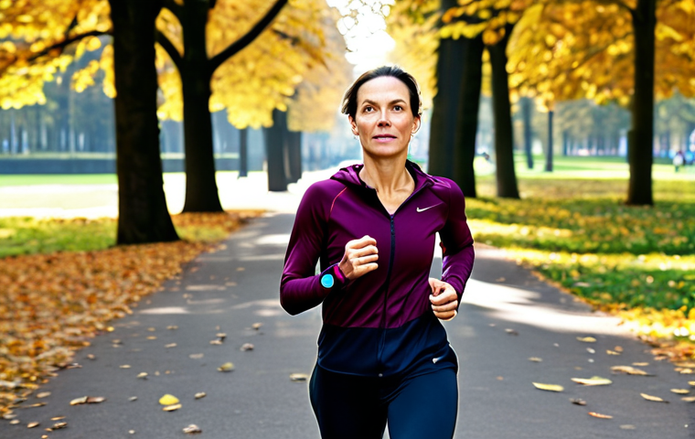 **
"A determined woman in her late 30s, fully clothed in stylish athletic wear, jogging through a scenic park in Berlin on a sunny morning, leaves are changing color, fall atmosphere, focused expression, wearing a fitness tracker, appropriate attire, safe for work, perfect anatomy, natural proportions, professional photography, high quality, family-friendly."
**
