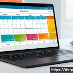 퍼스널트레이너의 스케줄 관리 소프트웨어 - A modern personal trainer&rsquo;s digital workspace showing an intuitive calendar interface on a sleek lap...