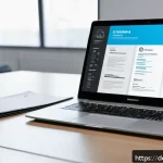 퍼스널트레이너 자기소개서 작성 팁 - A professional office scene showing a well-organized workspace with a modern laptop displaying a nea...