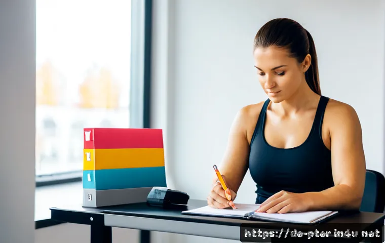 퍼스널트레이너의 근무 시간 관리 - Photorealistic personal trainer in a modern German fitness studio, seated at a tidy desk before open...